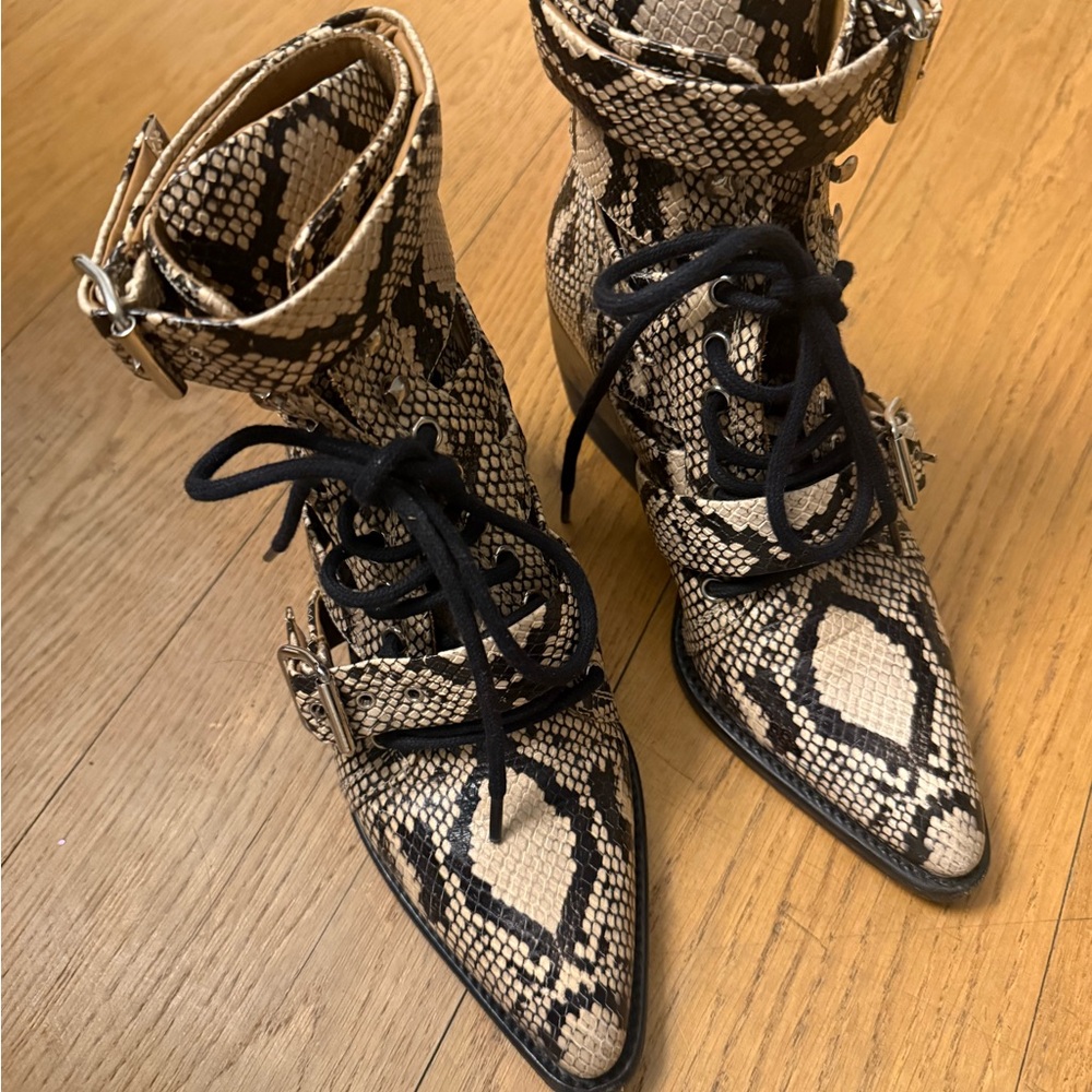 Chloe Black and Tan Snake Print Lace-Up Boots